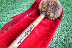 Fox Fur Shamanic Drum Beater – Spalted Beech, Celtic Ogham for Love