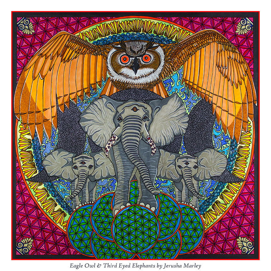 Eagle Owl & Third Eyed Elephants Poster Print