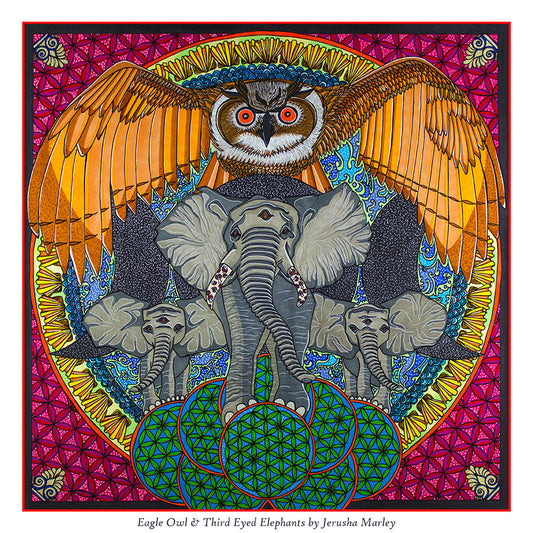 Eagle Owl & Third Eyed Elephants Poster Print